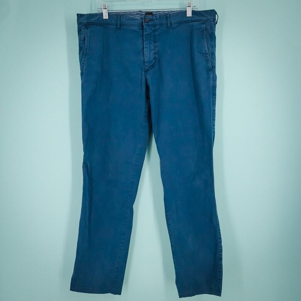 Hugo Boss Size 36 R Regular Fit Stretch Blue Button Zip Straight Leg Cotton Pant
